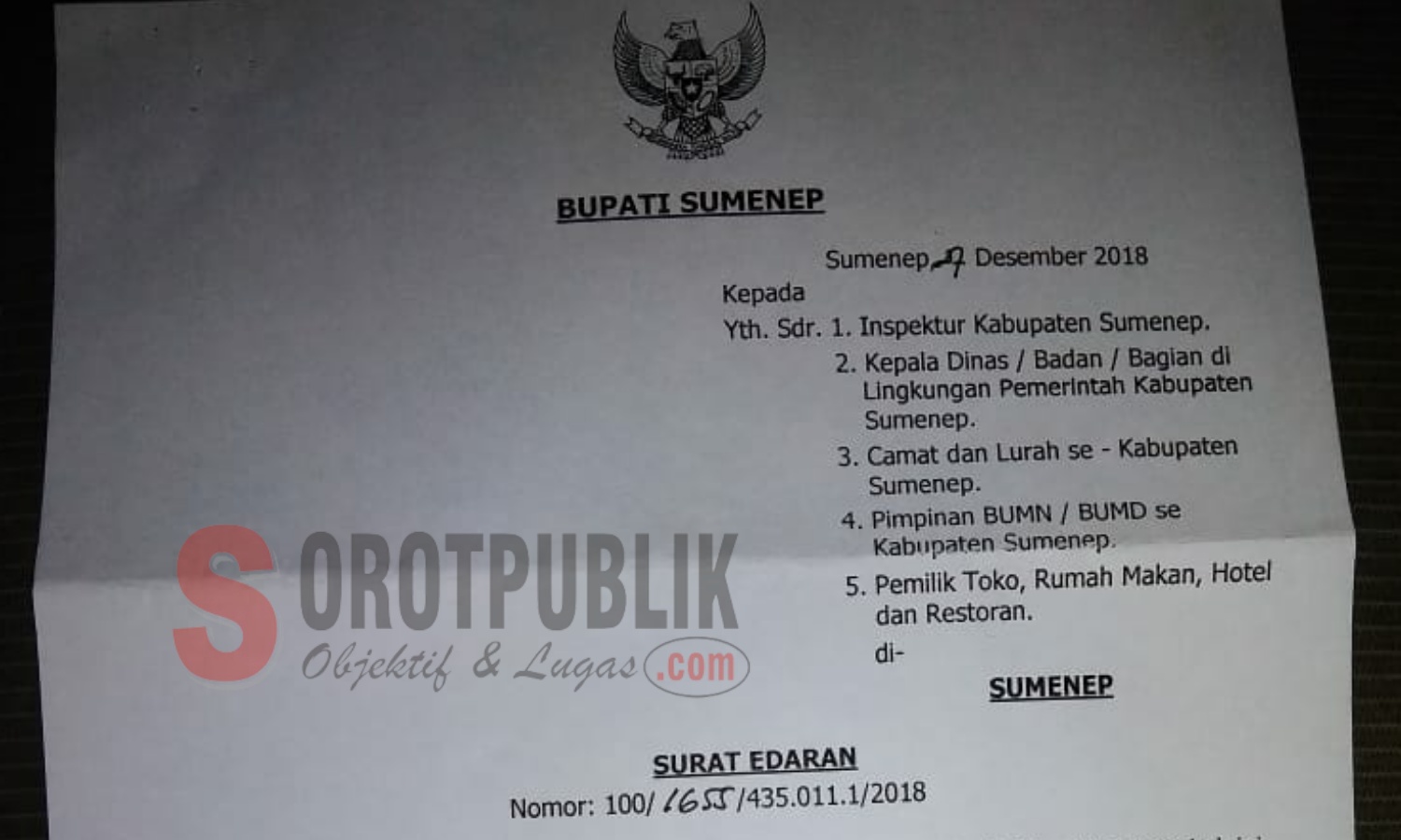 Surat Edaran Bupati Sumenep terkait Pergantian Tahun 2019 Masehi. (Foto: Heri/SorotPublik)