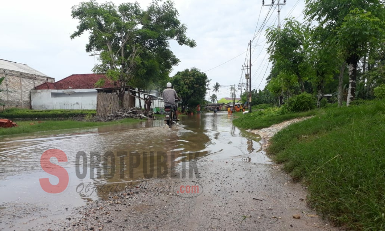 Jalan Raya Ambunten, tepatnya di Jalan KH. Hasyim Asy'ari, Desa Ambunten Timur, Kecamatan Ambunten, Sumenep digenangi air hujan setinggi 50-100 cm. (Foto: Heri/SorotPublik)