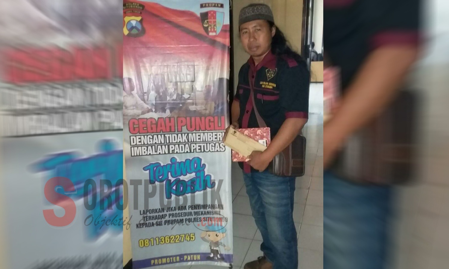 Ketua DPC LSM Penjara Indonesia Kabupaten Situbondo, Muhsin Al Fajar saat melaporkan kasus dugaan menipulasi tanda tangan BPD terkait persetujuan sewa TKD Desa Gebangan. (Foto: Ainur/SorotPublik)