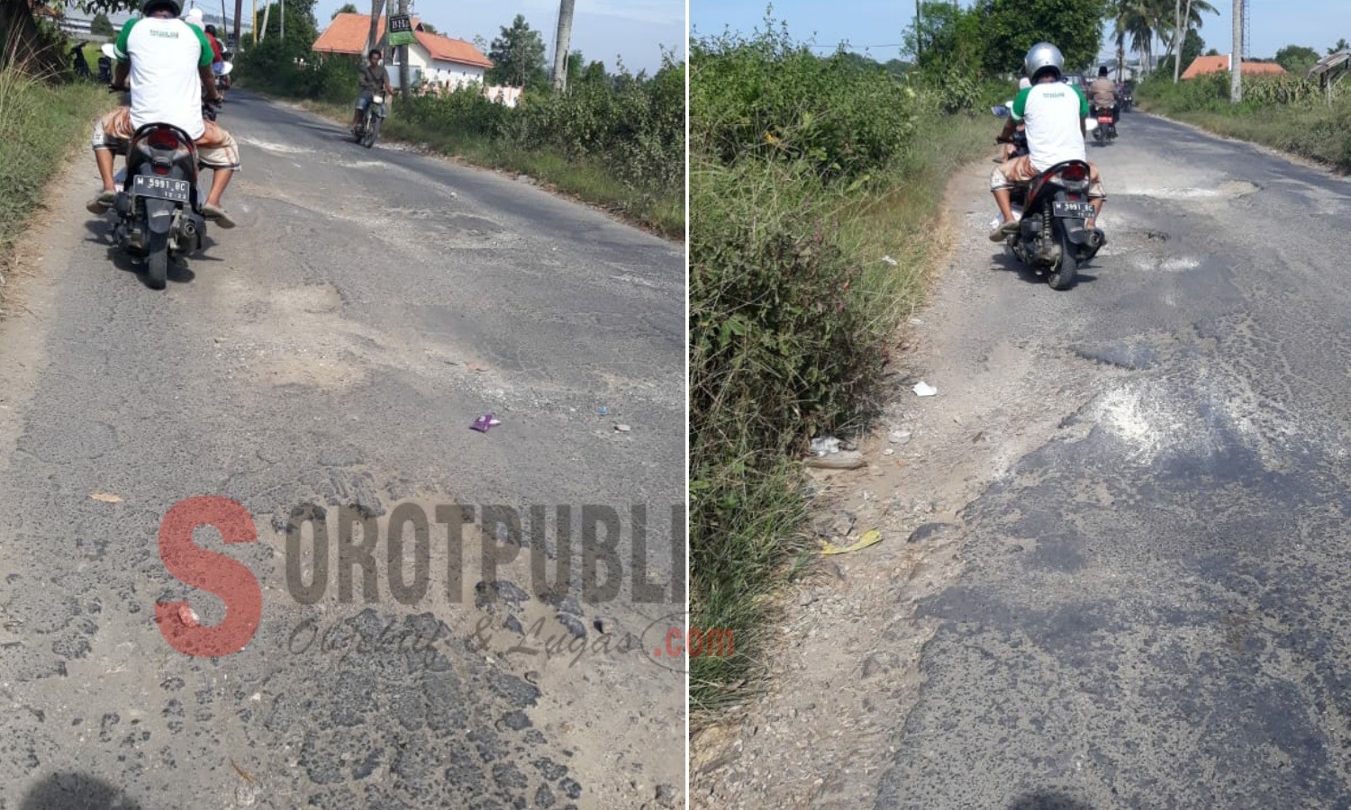 Kondisi jalan penghubung Kecamatan Ganding-Guluk-Guluk, Kabupaten Sumenep yang rusak. (Kolase Foto: Heri/SorotPublik)