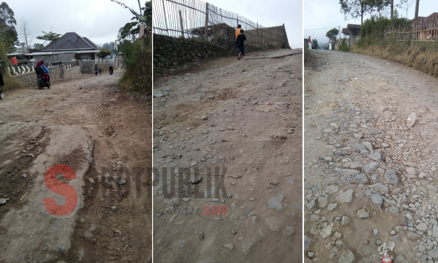 Jalan rusak di Kp Cibuntu, Desa Sukamanah, Kecamatan Pangalengan, Kabupaten Bandung. (Foto: Cece Jaja/Sorotpublik)