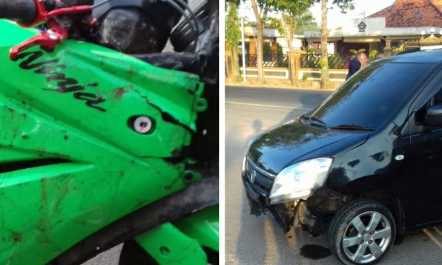 Motor Kawasaki Ninja dan Mobil Suzuki Karimun yang terlibat Laka Lantas di Jalan KH. Agus Salim Pangarangan, Sumenep. (Foto: Ist/SorotPublik)