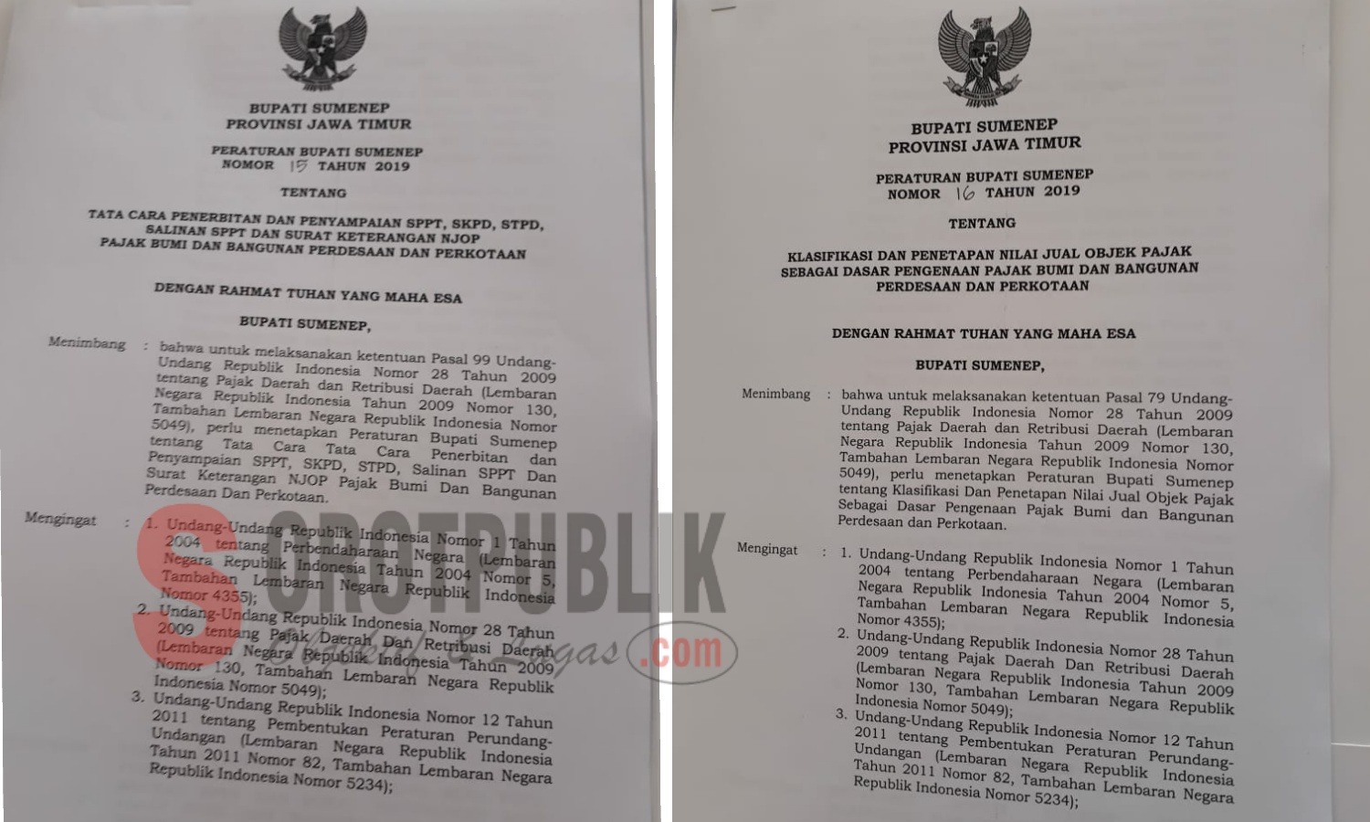 Perbup Nomor 15 dan Nomor 16 Tahun 2019. (Foto: Heri/SorotPublik)