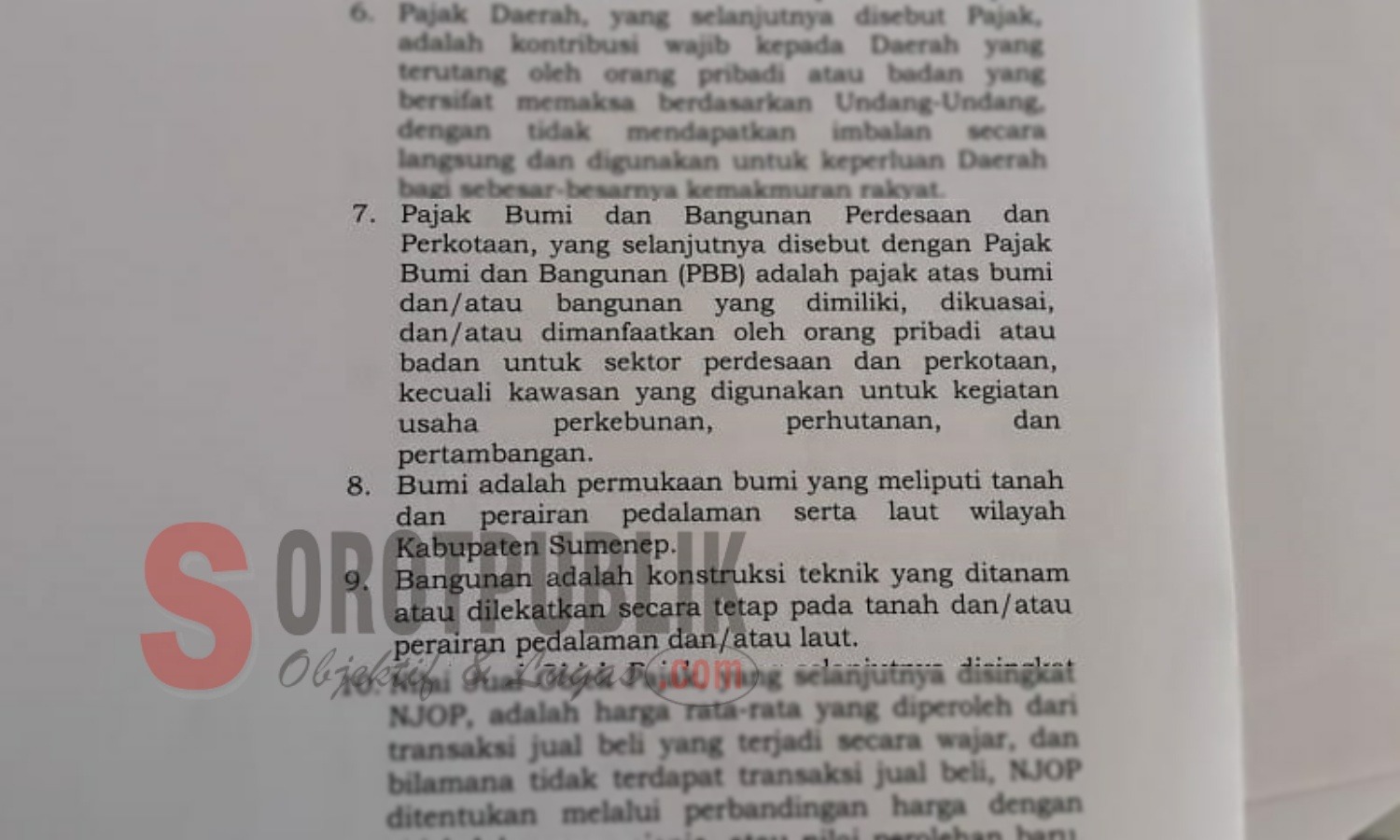 Ketentuan Umum tentang definisi PBB di dalam Perbup Sumenep Nomor 15 dan 16 Tahun 2019. (Foto: Heri/SorotPublik)