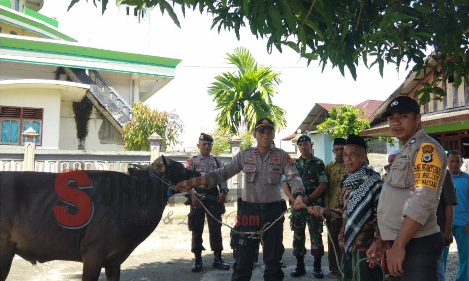 Penyerahan hewan kurban oleh Kapolsek Waesama Ipda Dede Syamsi Rifai kepada Imam Masjid An Nur di Desa Waelikut, Kecamatan Waesama, Kabupaten Buru Selatan. (Foto: Adam S/SorotPublik)